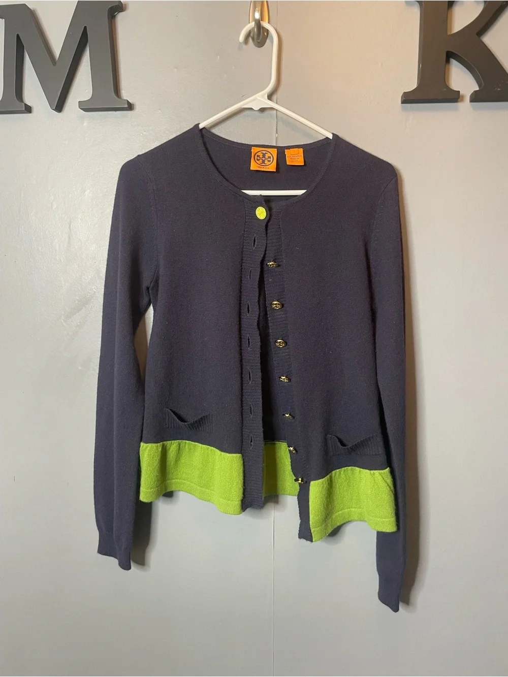 Tory Burch Cashmere Ruffle Hem‎ Cardigan Dark Blue Green Small